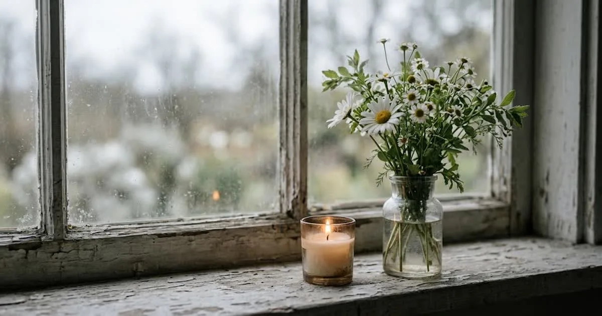 A single candle burning beside a small vase of white flowers on a windowsill