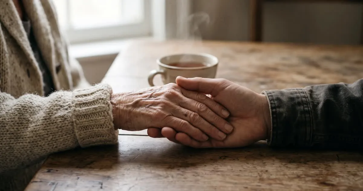 An older person's hand resting in a younger person's hand on a cardigan sleeve