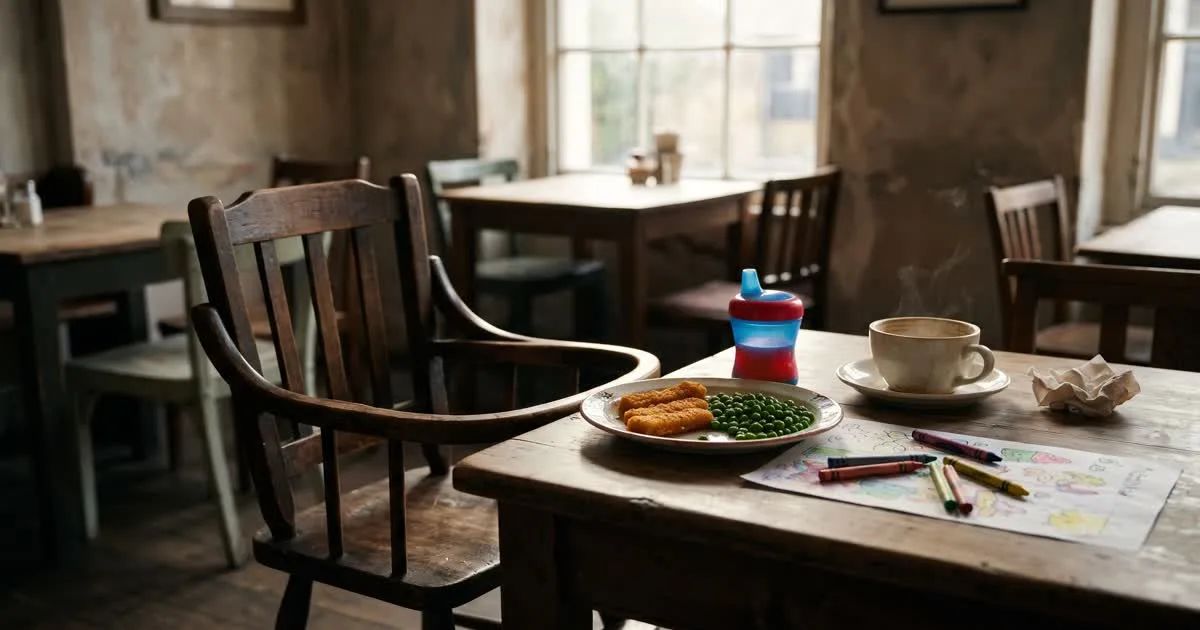 A wooden high chair pulled up to a café table laid with a child's plate of food, a beaker and crayons