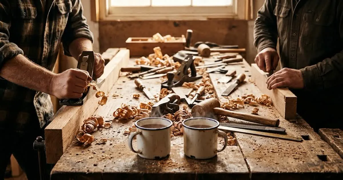 Hands working together at a wooden workbench with tools, wood shavings and two cups of tea