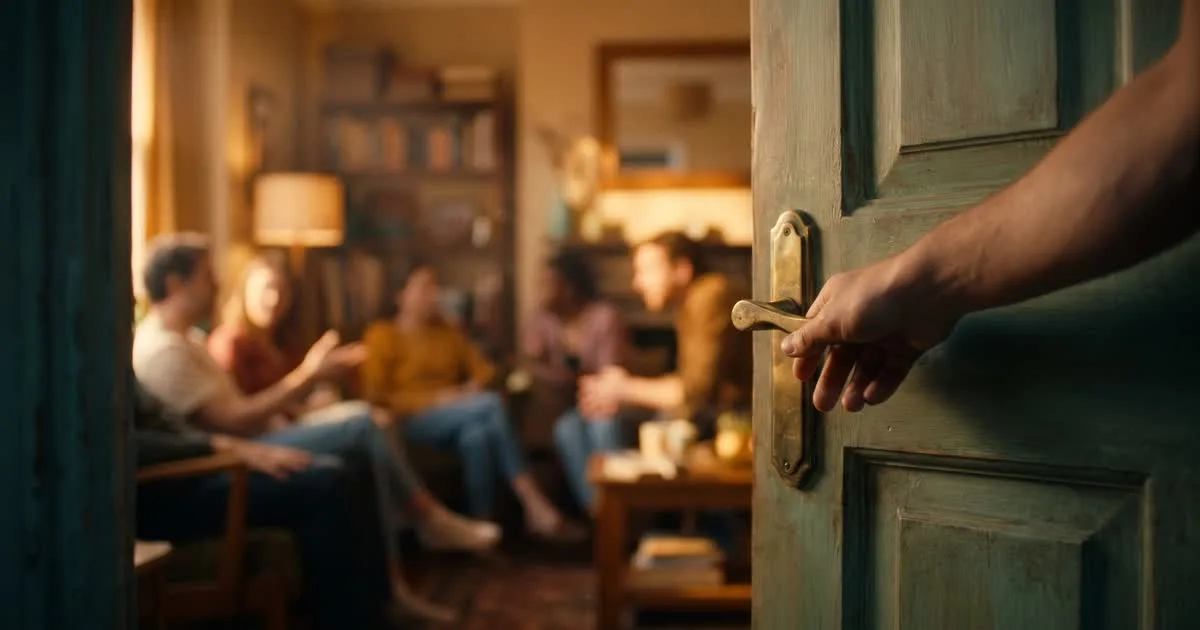 A hand reaching for the handle of a half-open wooden door, with warm light spilling through
