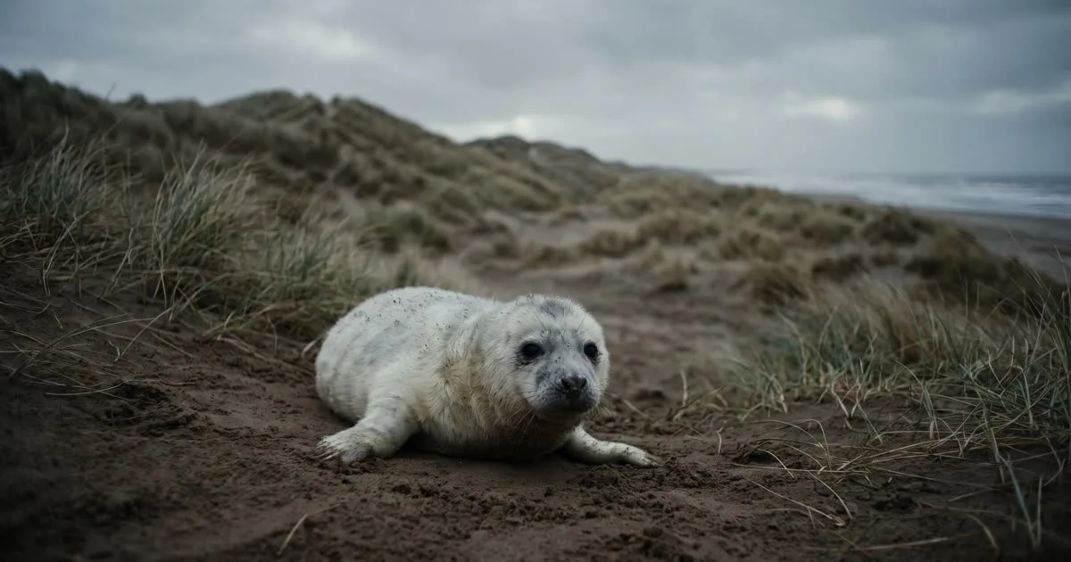 A white-coated grey seal pup lying on sand in front of grassy dunes