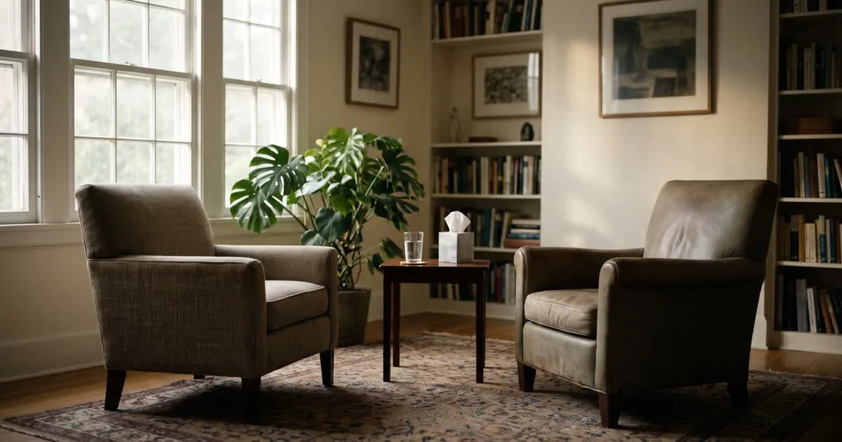 Two armchairs facing each other in a calm, bright room with a plant and a box of tissues