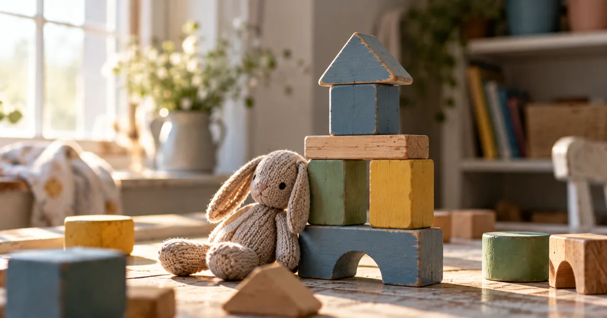 A tower of colourful wooden building blocks on a pale table beside a small knitted toy, in soft window light