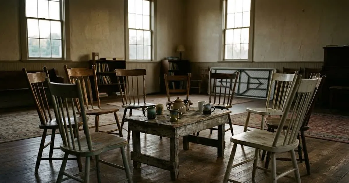 A circle of empty chairs around a low table with mugs, in a softly lit community room