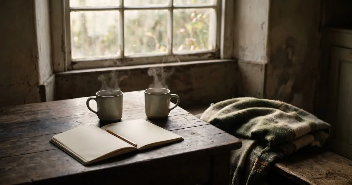 Two mugs of tea on a wooden table in warm afternoon light, with a folded woollen blanket beside them