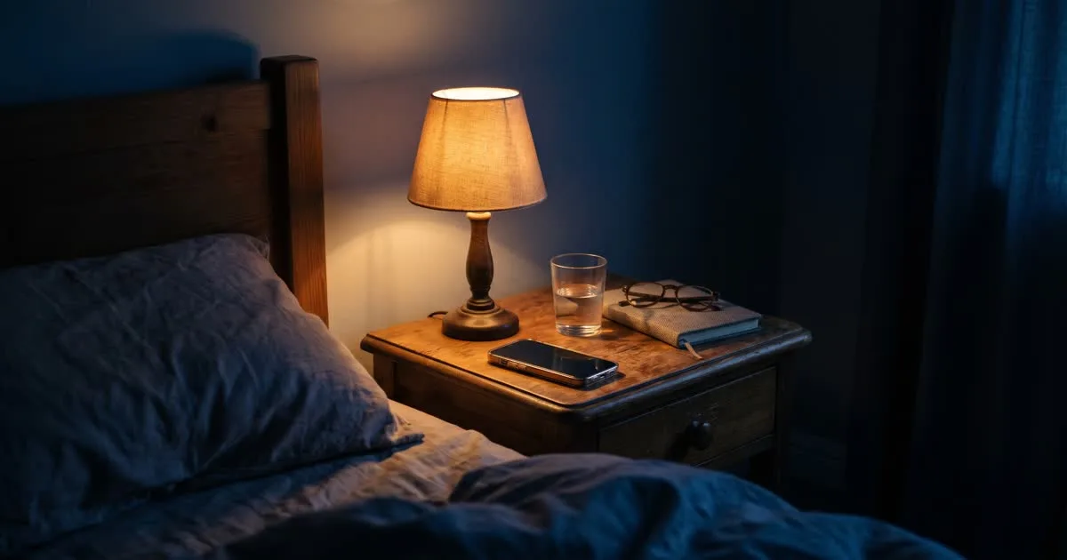 A mobile phone lying on a bedside table beside a glowing lamp at night