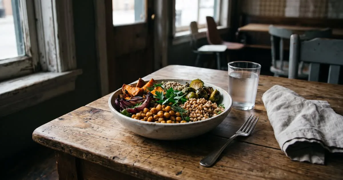 A colourful vegetable and grain bowl with roasted vegetables, chickpeas and fresh herbs on a café table