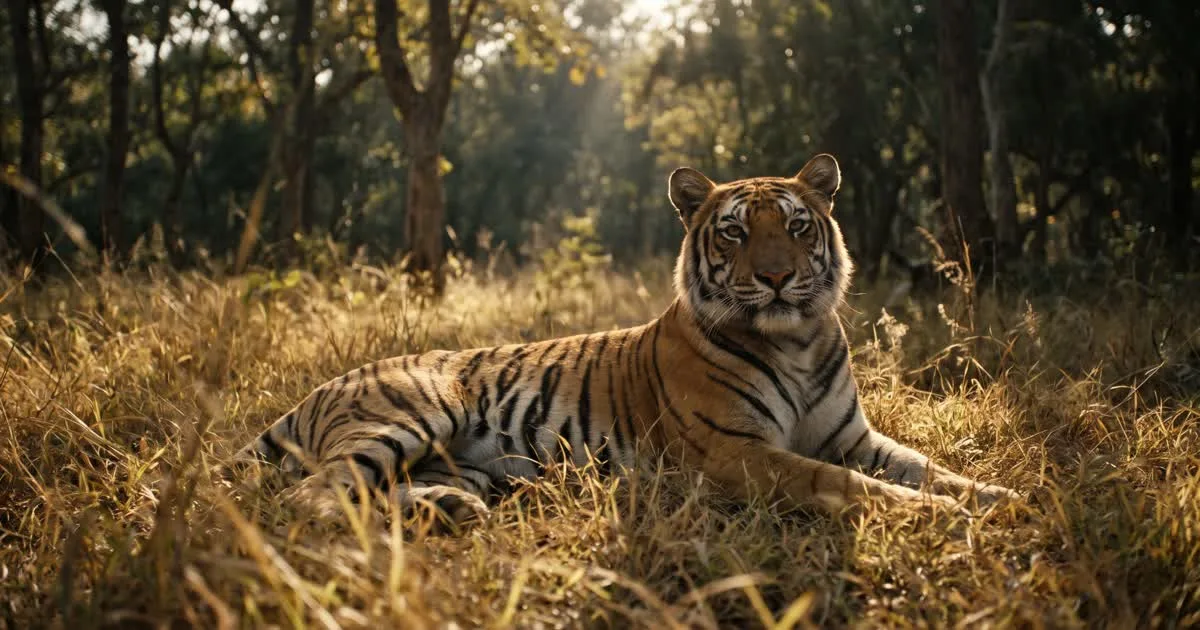 A tiger resting in long grass in dappled sunlight