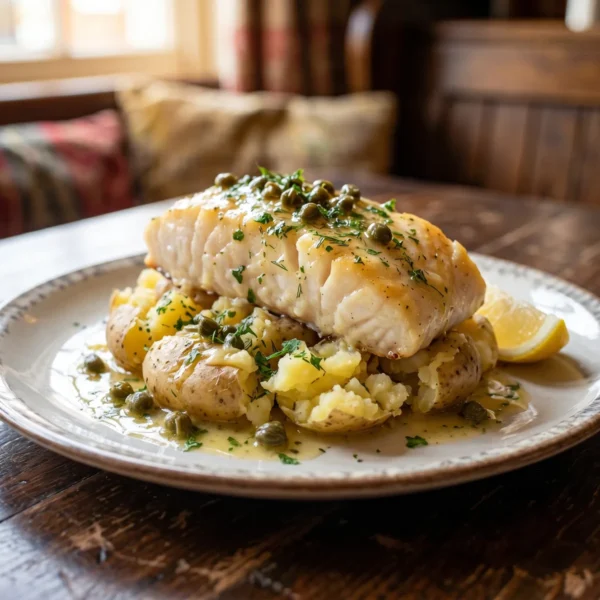 Baked Cod Loin with Crushed New Potatoes & Caper Butter
