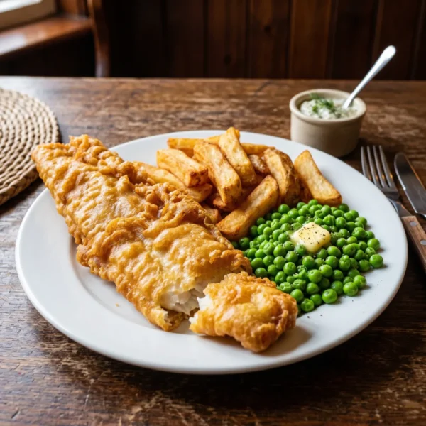 Freshly Battered Haddock, Chips & Peas