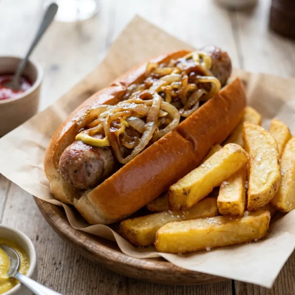 Lincolnshire Hot Dog with Fried Onions & Chips