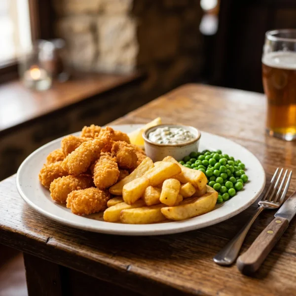 Freshly Battered Scampi, Chips & Peas