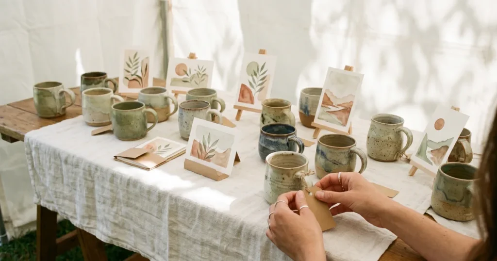 Close-up of a craft stall table with handmade ceramics and painted cards in soft natural marquee light